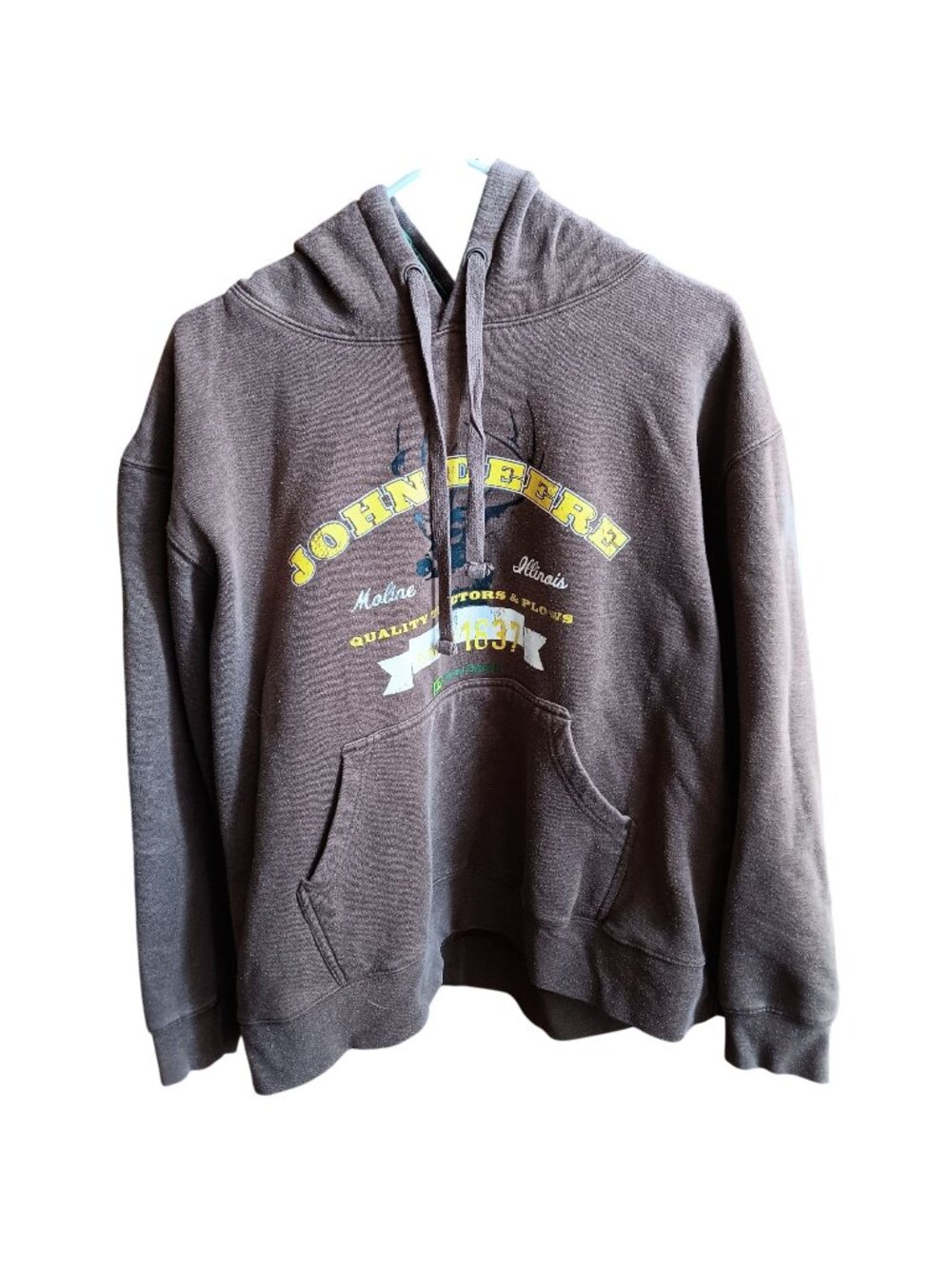 XL John Deere Brown Pullover Hoodie Kangaroo Pocket Drawstring Hood Farmer
